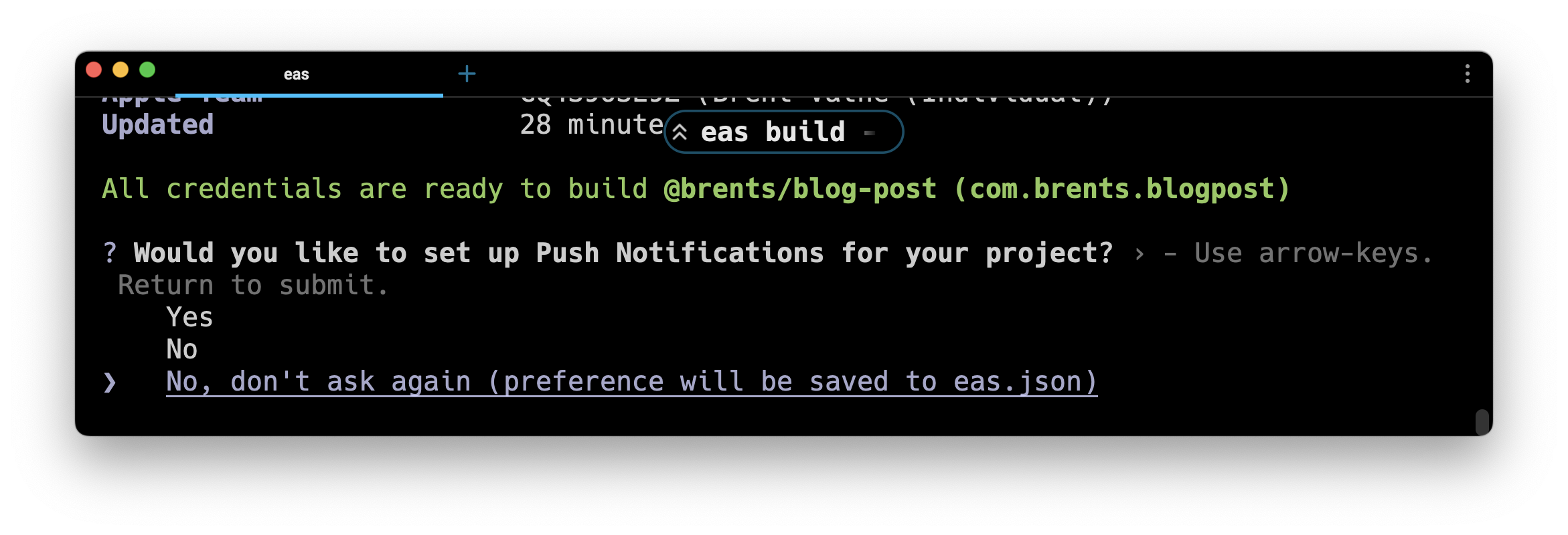CLI prompt for adding push notificaitons to an expo project