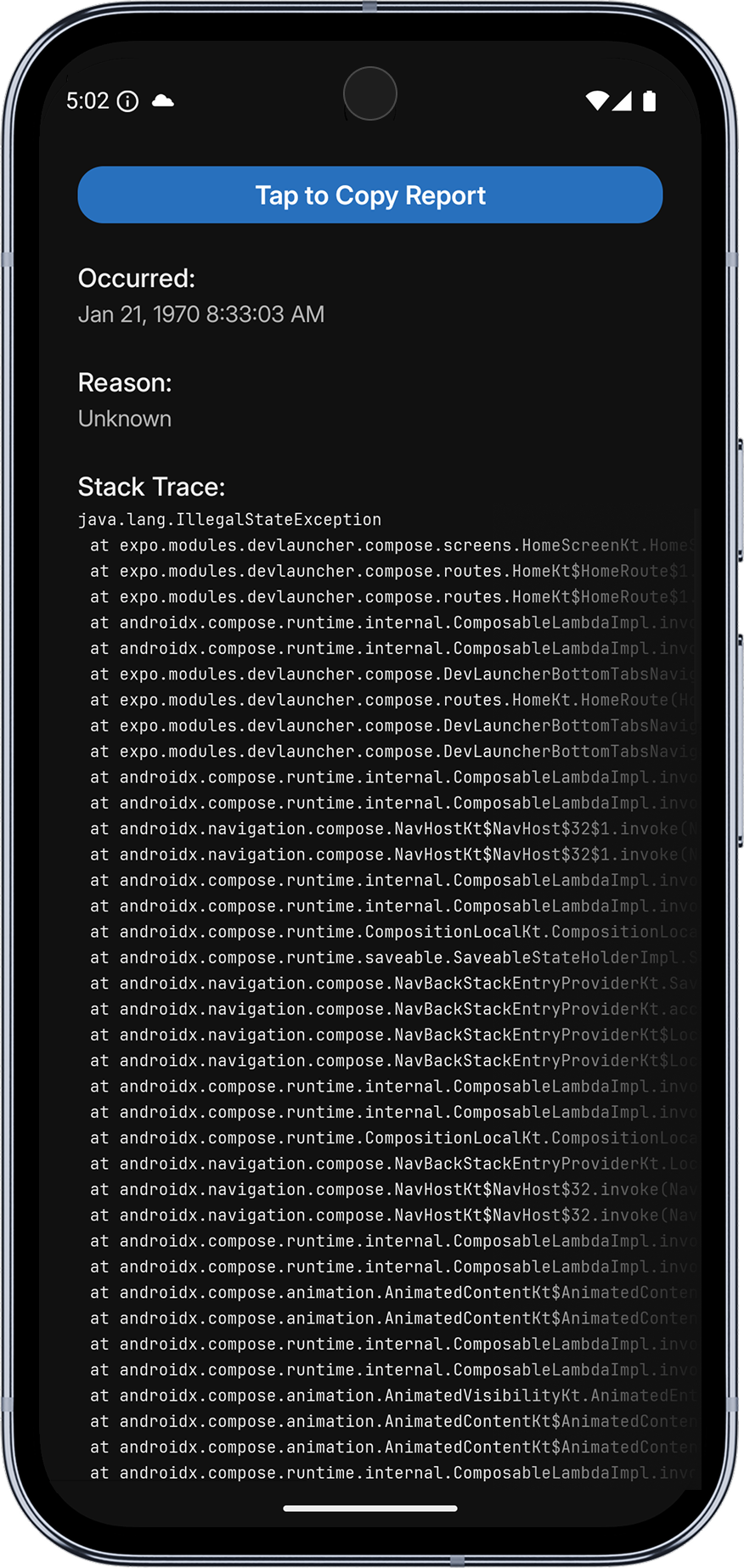 Expo Go Crash report