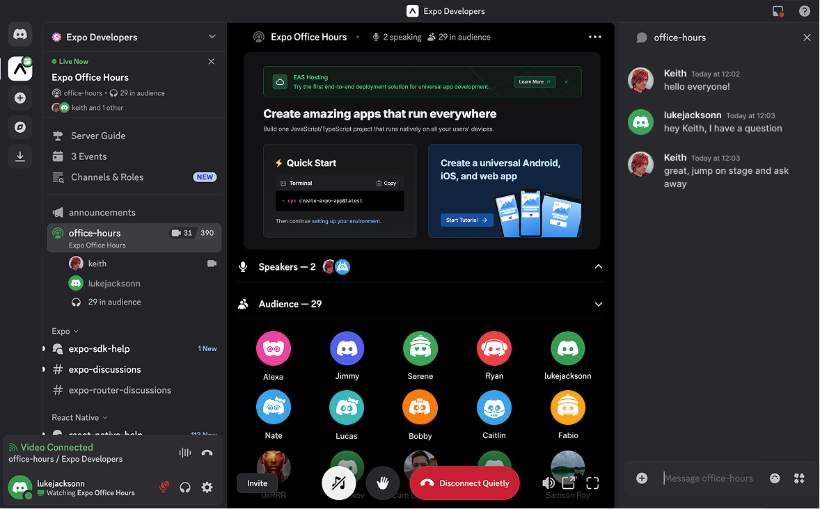 Expo Office Hours on Discord desktop
